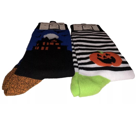 RIP Halloween Crew Socks 2 Pair Men 6-12 Black Orange w Jack O'Lantern Bat NEW! - Picture 11 of 12